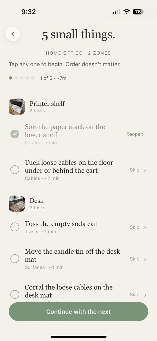 A TidyCalm task list titled '5 small things,' with steps grouped by zone.