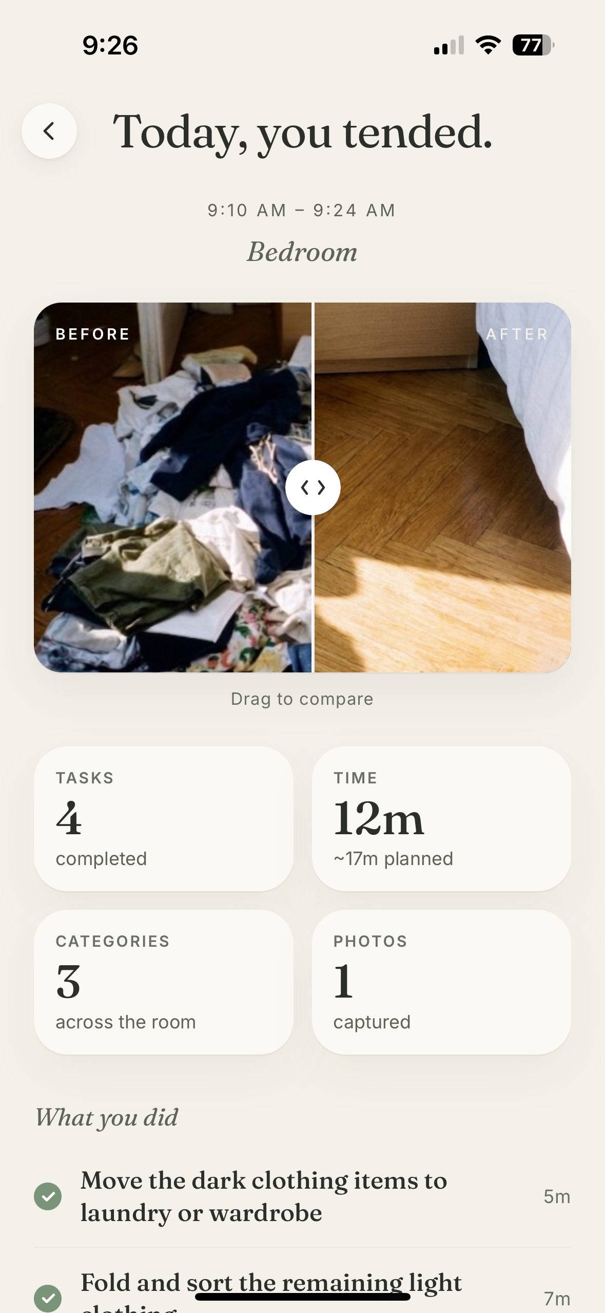 A TidyCalm summary screen with a before and after slider over a bedroom floor that has been cleared.
